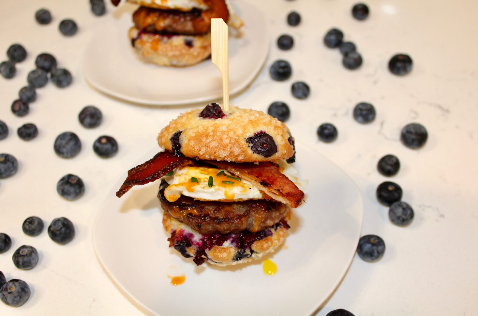 Blueberry Muffin Breakfast Sandwich with Maple-Glazed Sausage and Bacon